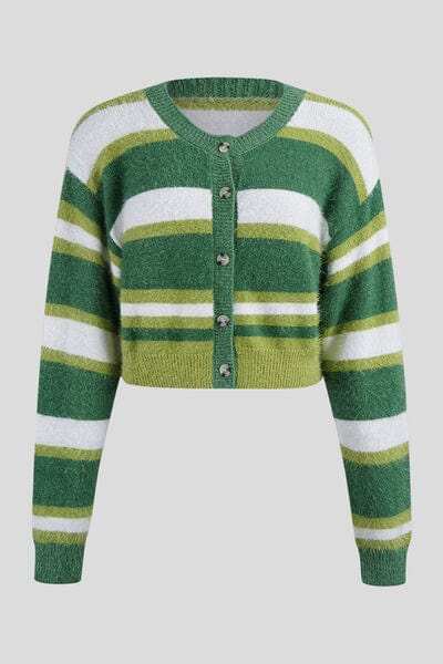 Striped Button Up Dropped Shoulder Cardigan - Trendsi - Flyclothing LLC