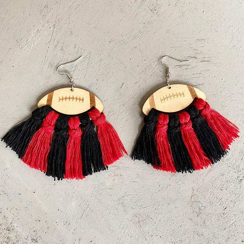 Fringe Detail Football Shape Wooden Dangle Earrings - Trendsi - Flyclothing LLC