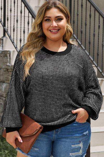 Plus Size Waffle-Knit Round Neck Dropped Shoulder Sweater - Trendsi - Flyclothing LLC