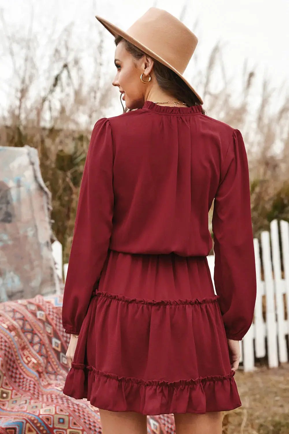 Tied Frill Trim Puff Sleeve Mini Dress - Trendsi - Flyclothing LLC
