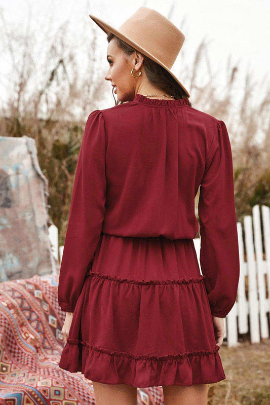 Tied Frill Trim Puff Sleeve Mini Dress - Trendsi - Flyclothing LLC