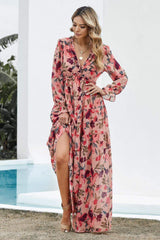 Floral Frill Trim Flounce Sleeve Plunge Maxi Dress - Trendsi - Flyclothing LLC