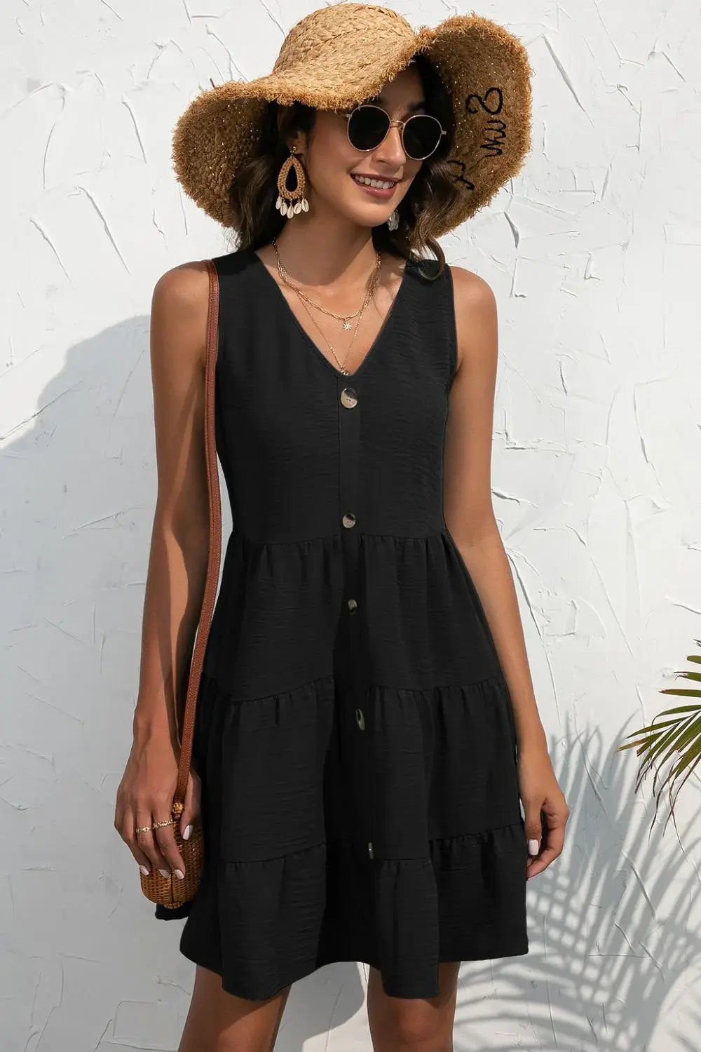 Decorative Button V-Neck Tiered Sleeveless Dress - Trendsi - Flyclothing LLC