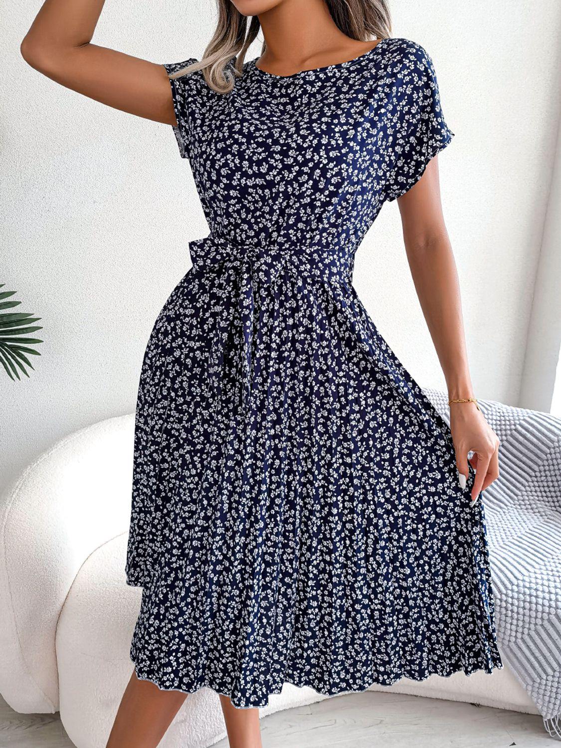 Ditsy Floral Pleated Belted Dress - Trendsi