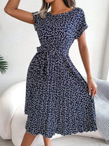 Ditsy Floral Pleated Belted Dress - Trendsi - Flyclothing LLC