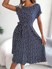 Ditsy Floral Pleated Belted Dress - Trendsi