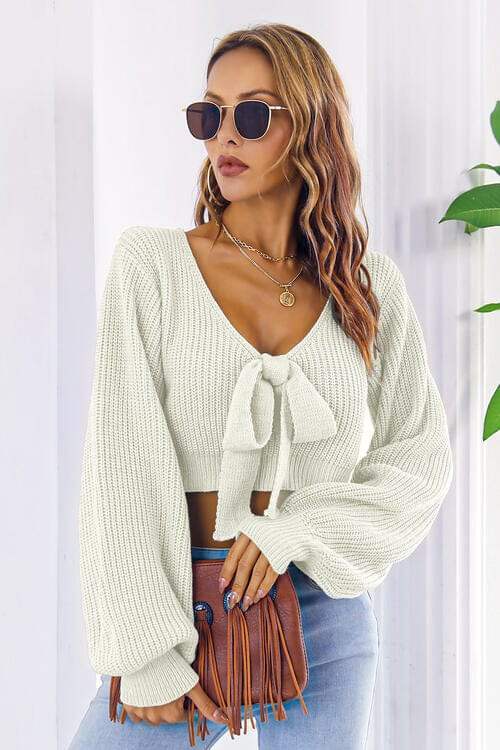 Bow V-Neck Long Sleeve Cropped Sweater - Trendsi - Flyclothing LLC