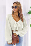 Bow V-Neck Long Sleeve Cropped Sweater - Trendsi - Flyclothing LLC
