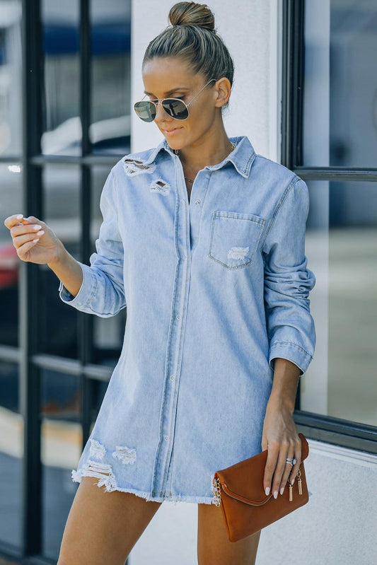 Distressed Snap Down Denim Jacket - Trendsi
