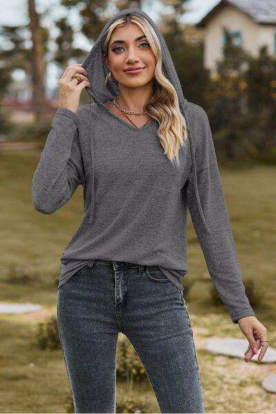 Drawstring Dropped Shoulder Hooded T-Shirt - Trendsi - Flyclothing LLC