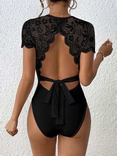 Lace Backless Round Neck Bodysuit - Trendsi - Flyclothing LLC