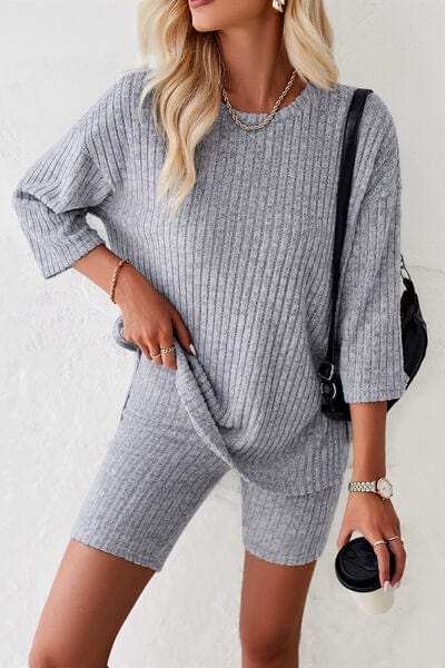 Ribbed Round Neck Top and Shorts Set - Trendsi - Flyclothing LLC
