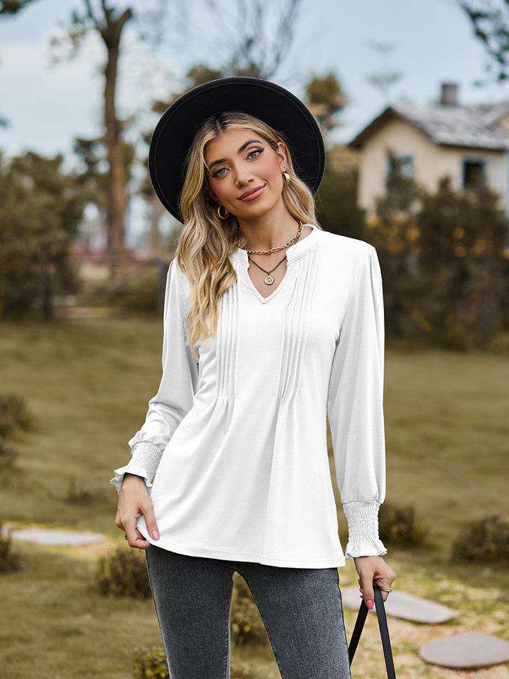 Notched Neck Flounce Sleeve Blouse - Trendsi - Flyclothing LLC