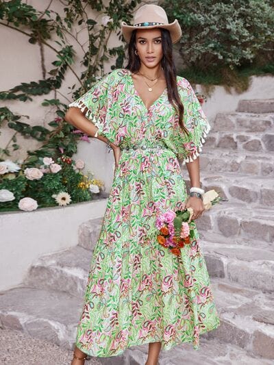Smocked Floral V-Neck Short Sleeve Dress - Trendsi