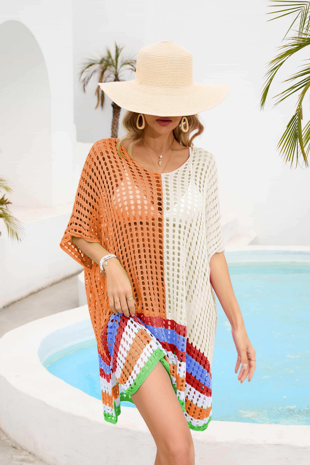 Contrast Scoop Neck Openwork Half Sleeve Cover Up - Trendsi - Flyclothing LLC