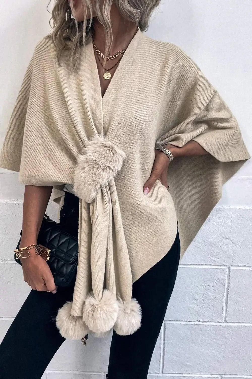 Surplice Neck Pom-Pom Trim Poncho - Trendsi - Flyclothing LLC