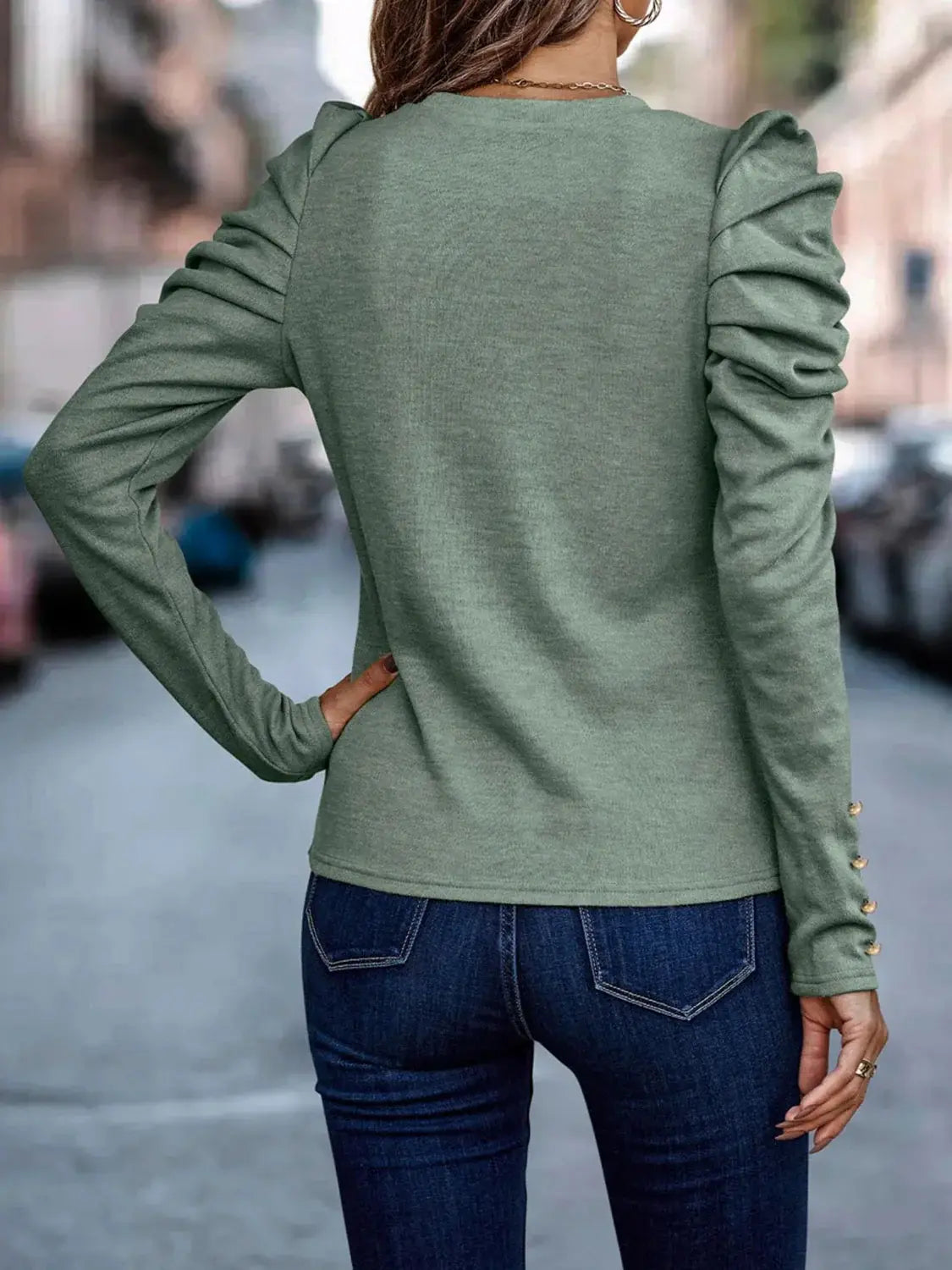 Decorative Button Puff Sleeve T-Shirt - Trendsi - Flyclothing LLC