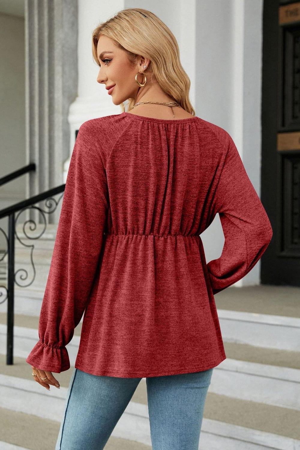 Round Neck Flounce Sleeve Blouse - Trendsi