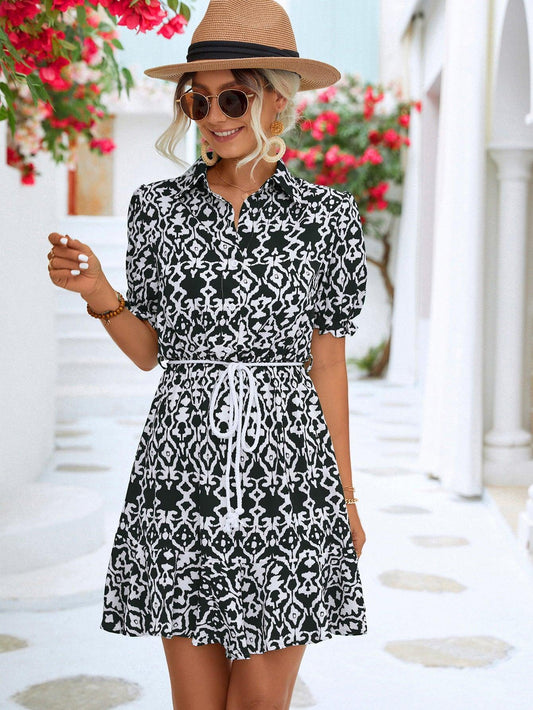 Printed Tie Waist Collared Flounce Sleeve Dress - Trendsi