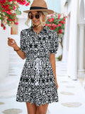 Printed Tie Waist Collared Flounce Sleeve Dress - Trendsi