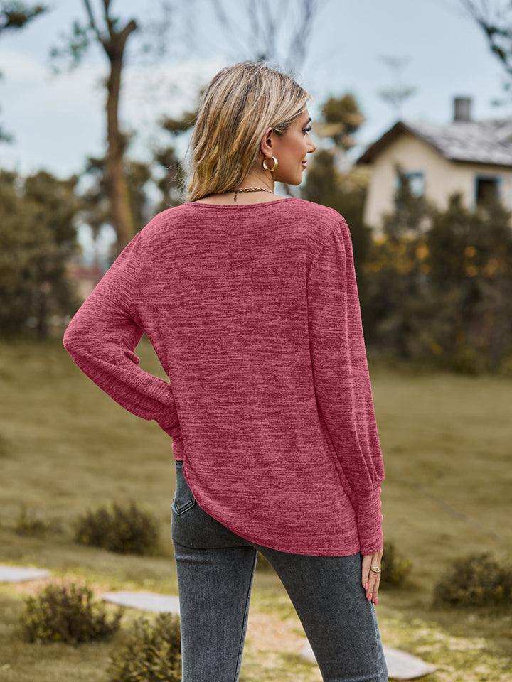 Round Neck Long Sleeve Buttoned T-Shirt - Trendsi - Flyclothing LLC