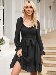 Tie Front Ruffle Hem Smocked Dress - Trendsi