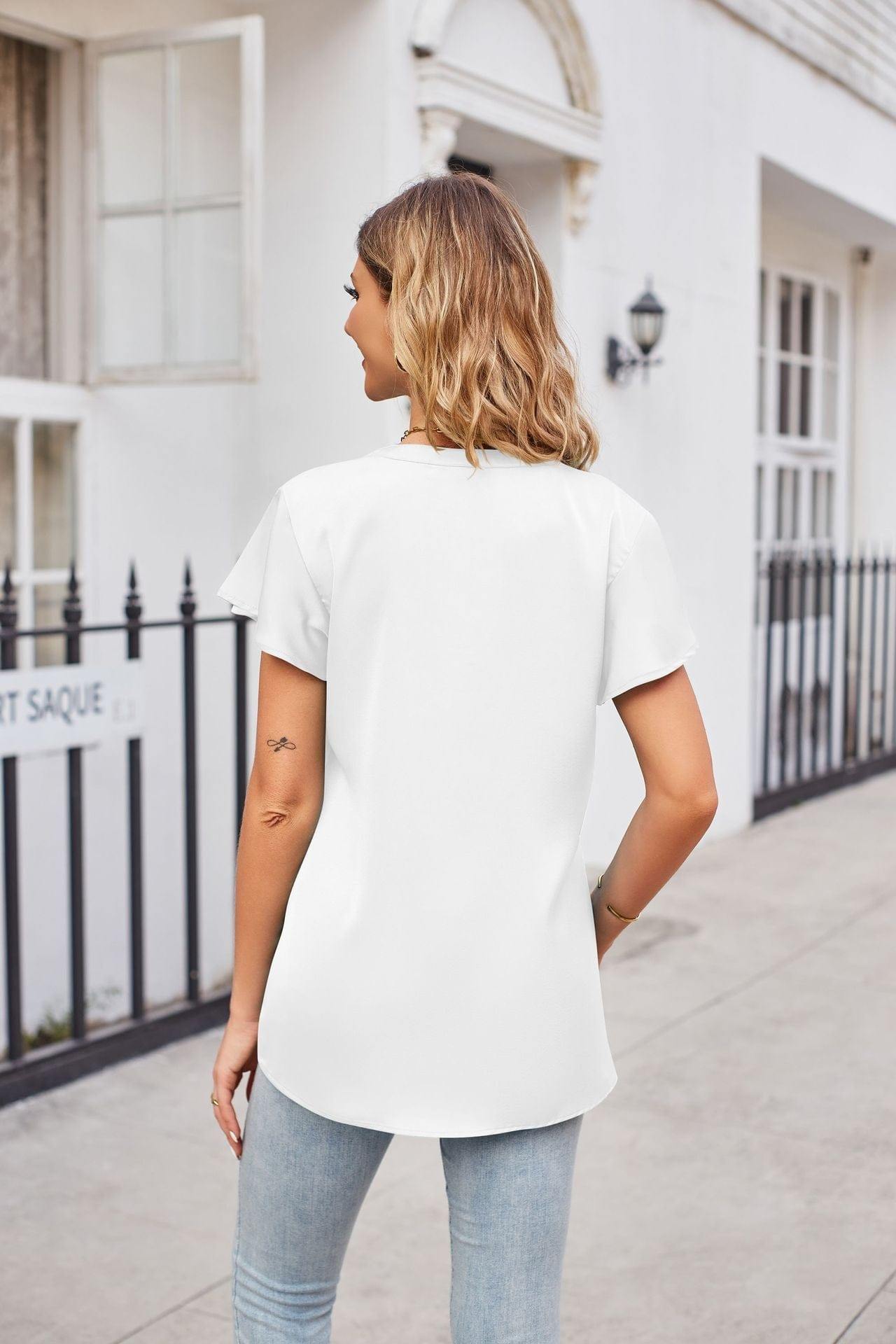 Notched Neck Flutter Sleeve Satin Top - Trendsi