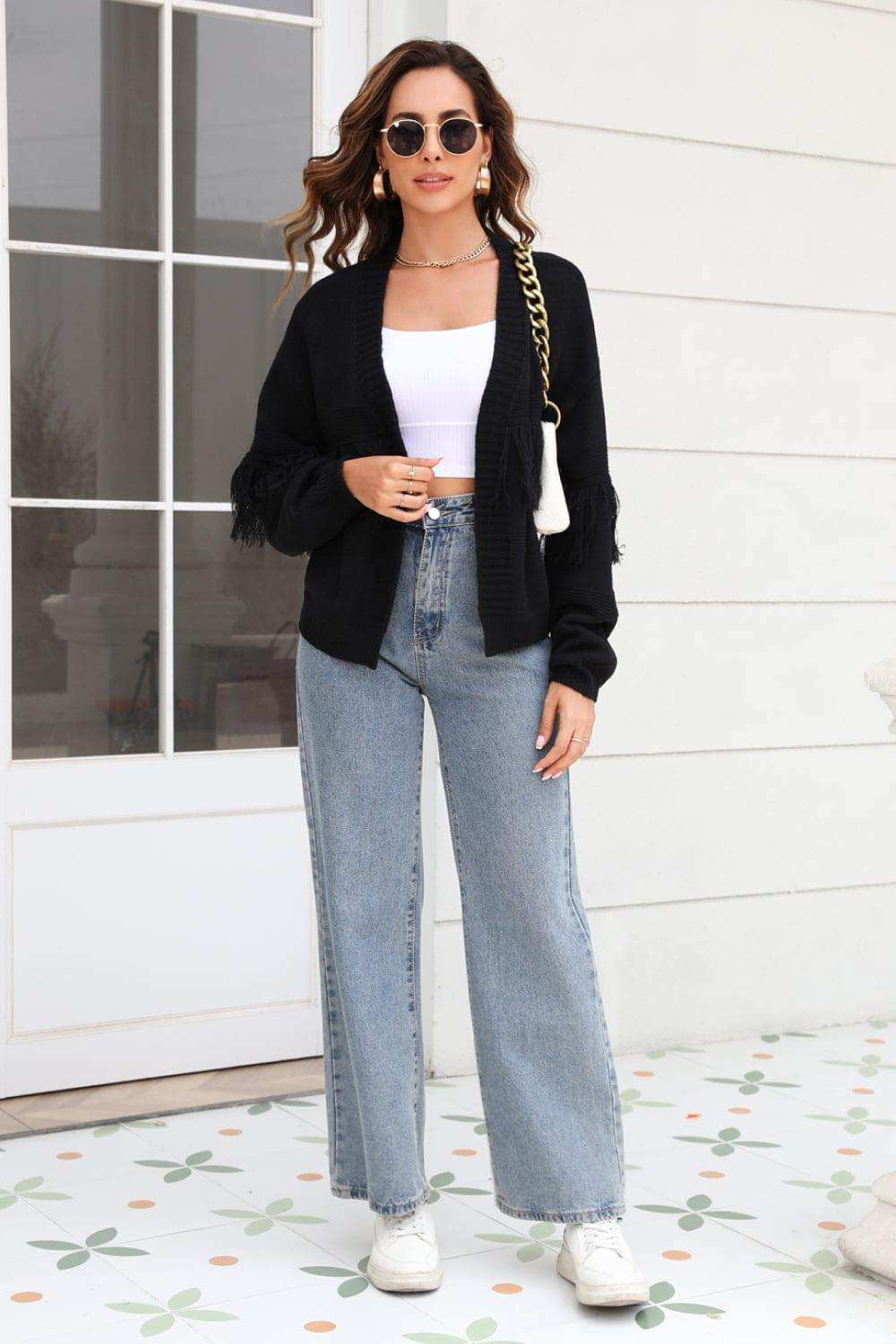 Fringe Trim Open Front Cardigan - Trendsi - Flyclothing LLC