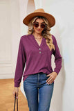 Buttoned Notched Neck Long Sleeve Top - Trendsi - Flyclothing LLC