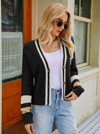 Contrast Button Up Dropped Shoulder Cardigan - Trendsi - Flyclothing LLC