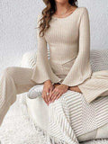 Ribbed Flare Sleeve Top and Pants Set - Trendsi - Flyclothing LLC