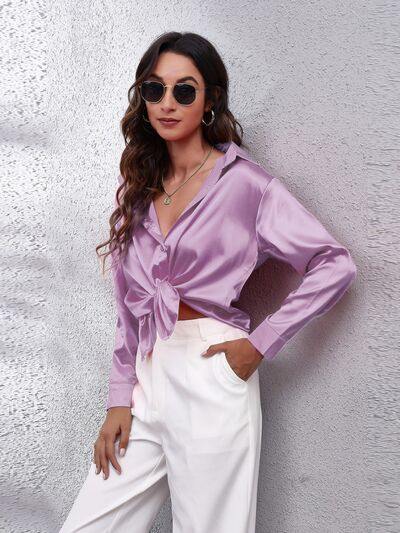 Button Up Collared Neck Long Sleeve Shirt - Trendsi
