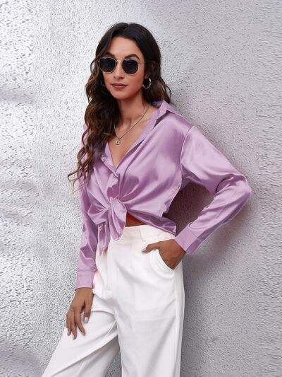 Button Up Collared Neck Long Sleeve Shirt - Trendsi - Flyclothing LLC