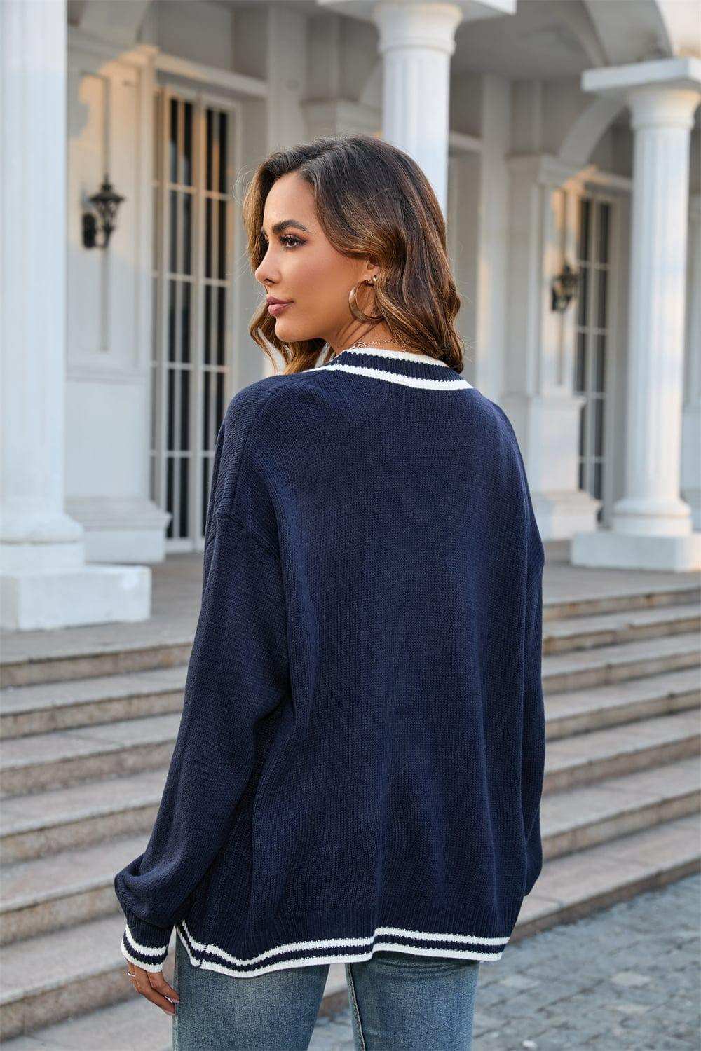 Buttoned V-Neck Long Sleeve Cardigan - Trendsi - Flyclothing LLC