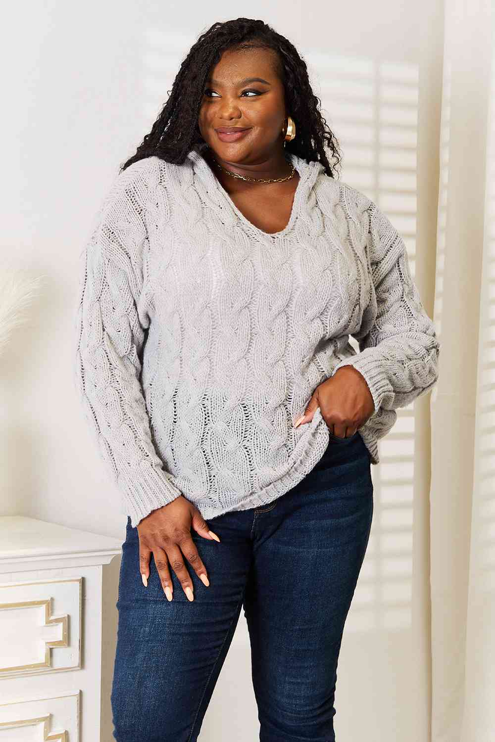 Woven Right Cable-Knit Hooded Sweater - Trendsi - Flyclothing LLC