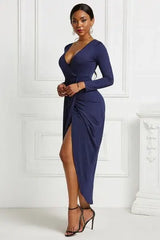 High-low Ruched Surplice Long Sleeve Dress - Trendsi - Flyclothing LLC