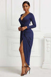 High-low Ruched Surplice Long Sleeve Dress - Trendsi - Flyclothing LLC