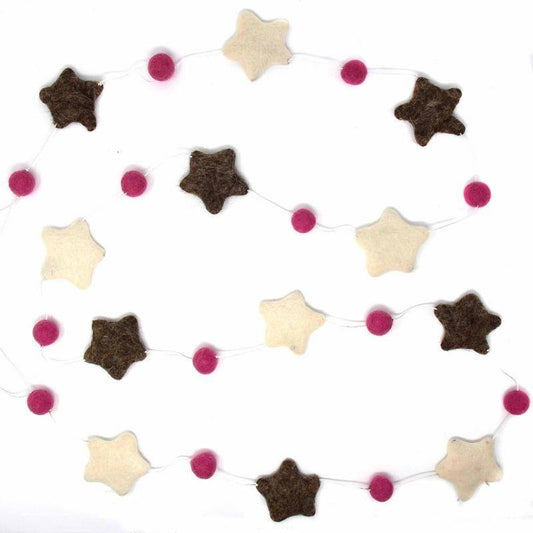 Hand Crafted Felt from Nepal: Stars Garland, Grey/Pink - Global Groove Direct