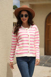 Striped Round Neck Button-Down Dropped Shoulder Cardigan - Trendsi - Flyclothing LLC