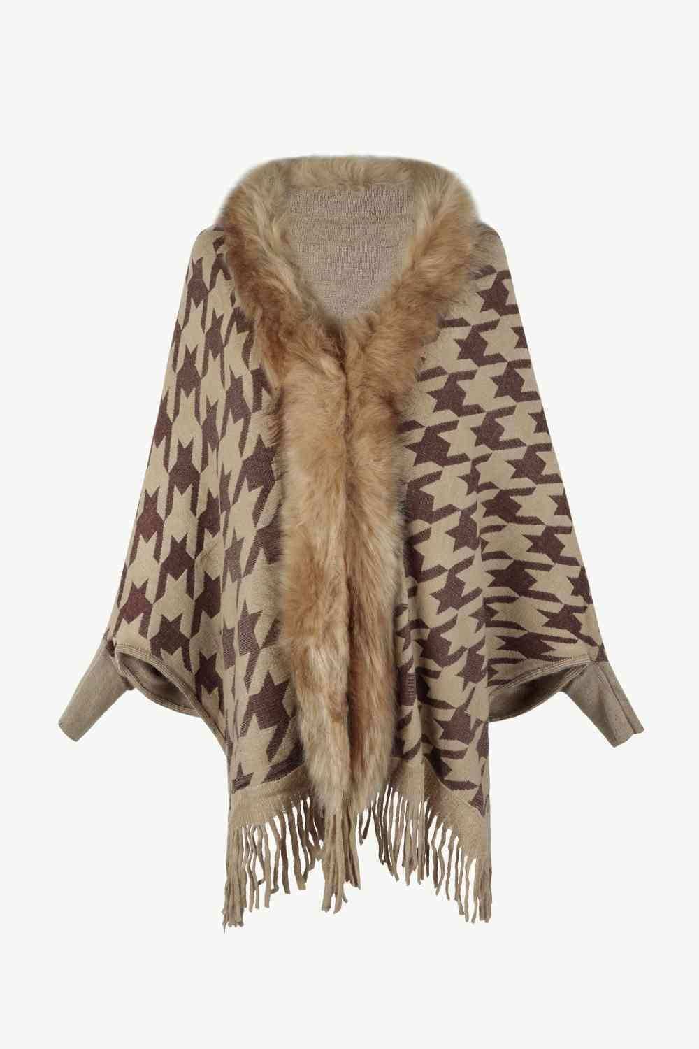 Houndstooth Fringe Hem Poncho - Trendsi - Flyclothing LLC