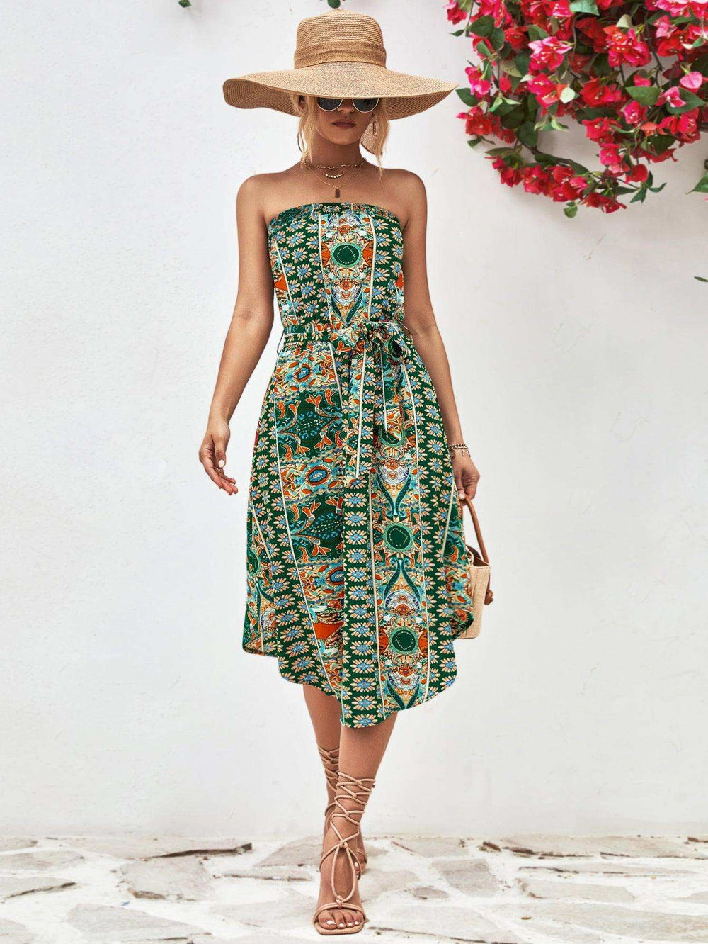 Printed Strapless Tie Belt Dress - Trendsi - Flyclothing LLC