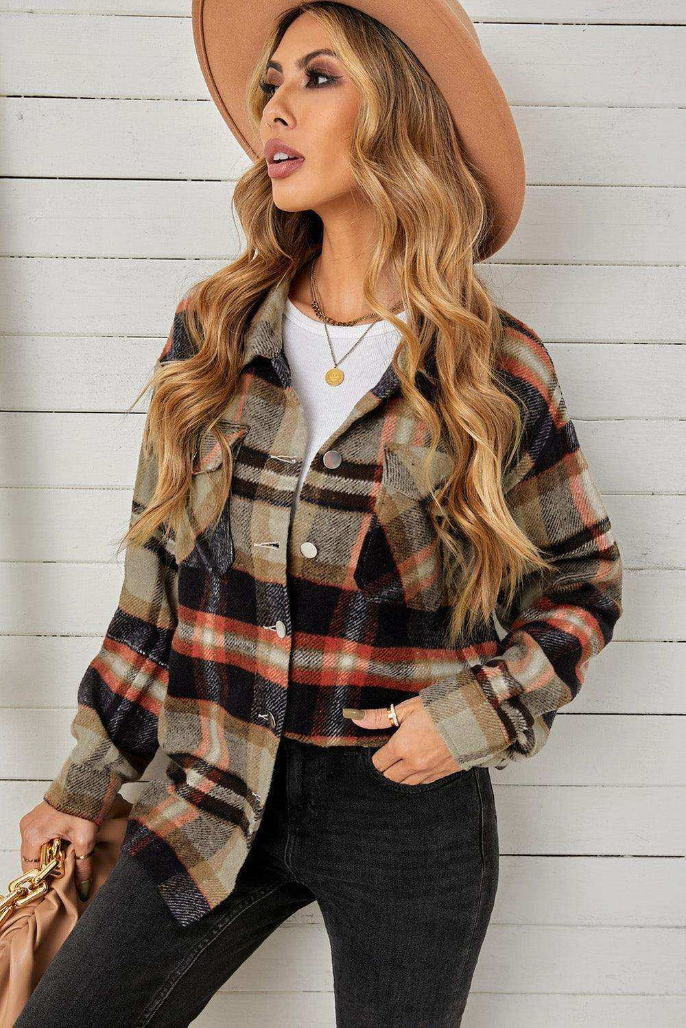 Plaid Pocketed Button Down Shacket - Trendsi - Flyclothing LLC