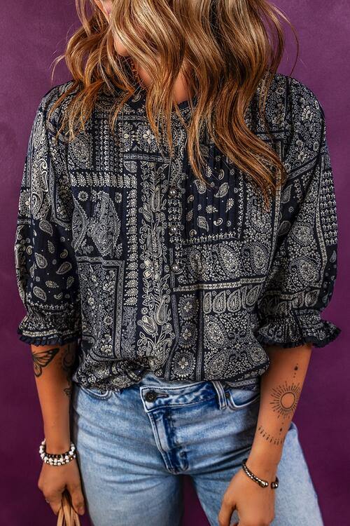 Printed Buttoned Flounce Sleeve Blouse - Flyclothing LLC