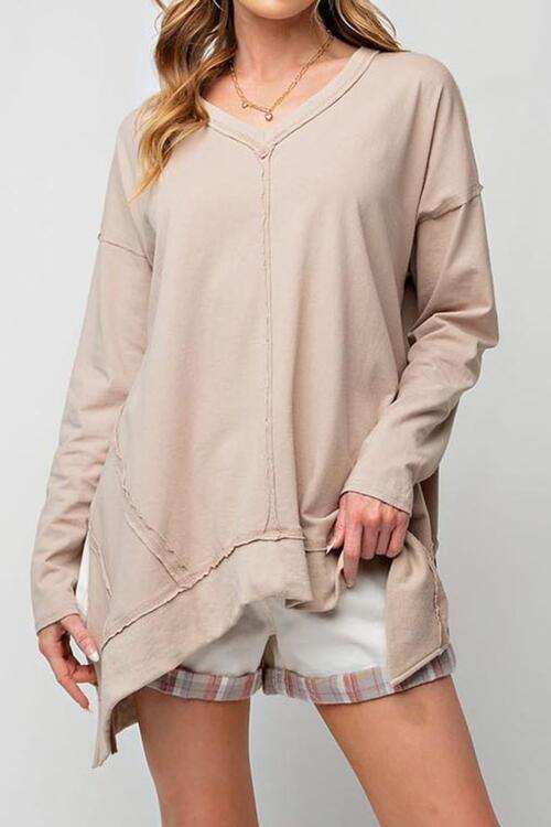Exposed Seam V-Neck Long Sleeve Slit Sweatshirt - Trendsi - Flyclothing LLC