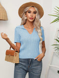 Cable-Knit Johnny Collar Short Sleeve Knit Top - Trendsi - Flyclothing LLC