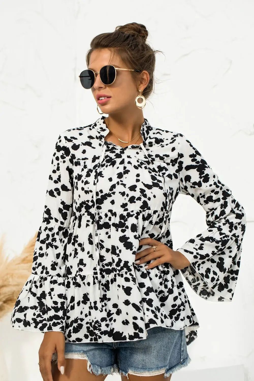 Printed Flare Sleeve Tie Neck Ruffle Trim Blouse - Trendsi - Flyclothing LLC