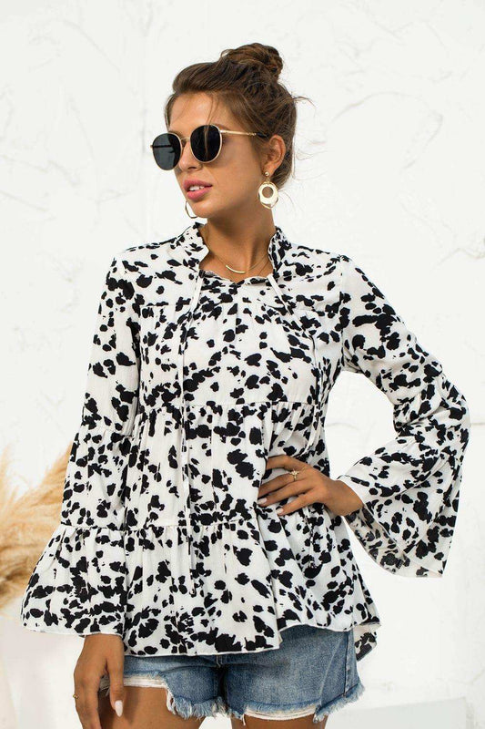 Printed Flare Sleeve Tie Neck Ruffle Trim Blouse - Trendsi - Flyclothing LLC