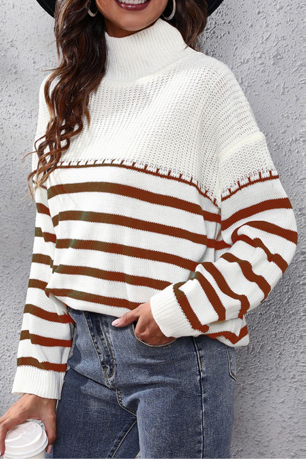Striped Turtleneck Drop Shoulder Sweater - Trendsi