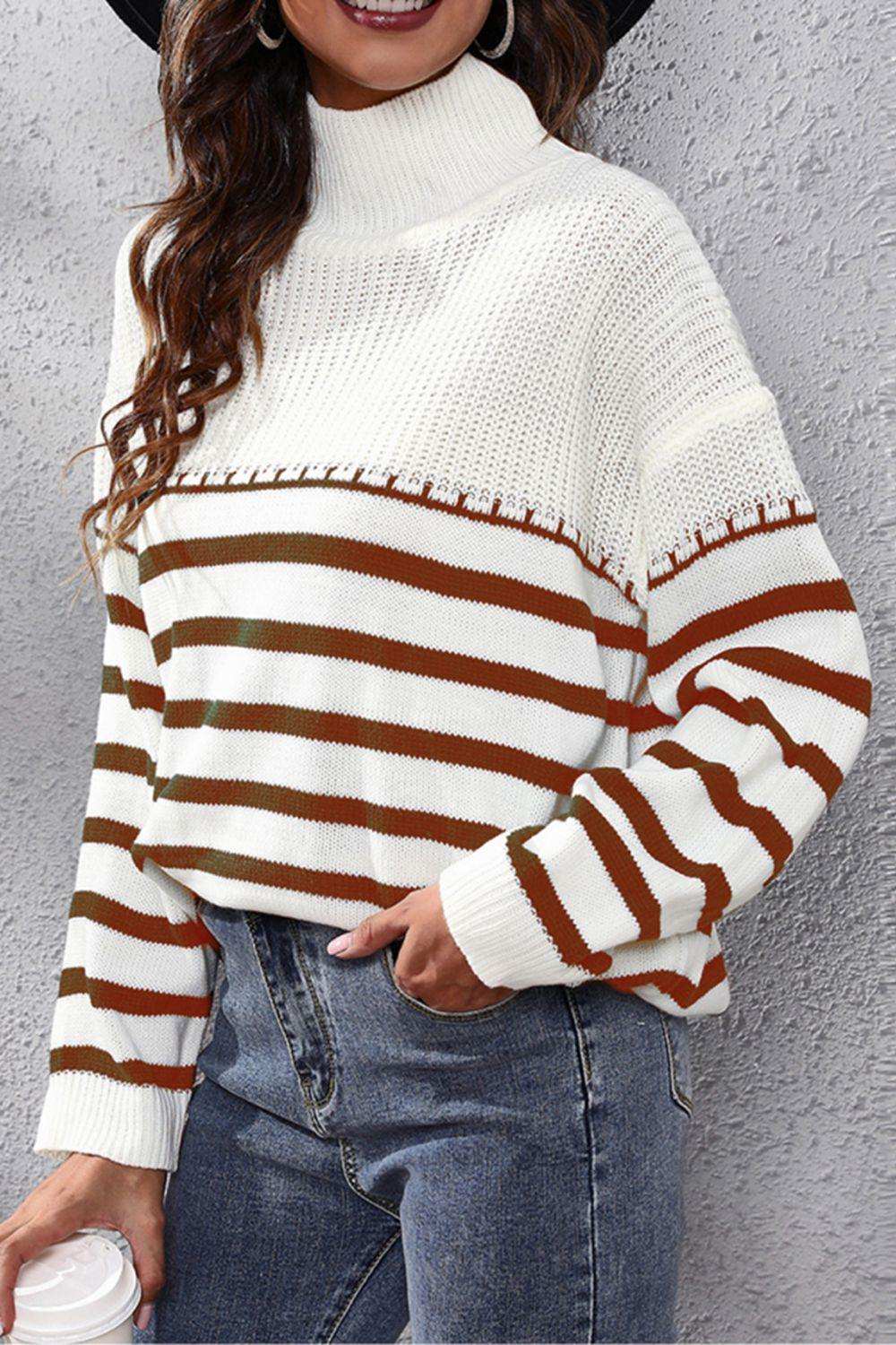 Striped Turtleneck Drop Shoulder Sweater - Trendsi - Flyclothing LLC