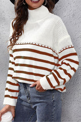 Striped Turtleneck Drop Shoulder Sweater - Trendsi